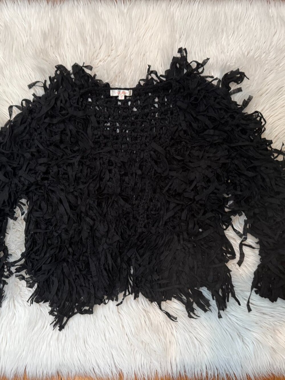 Luxxel Fringy Black Crop Cardigan Size Small 55% Acrylic 45% Nylon